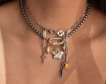 Y2K Layered Necklace Set: Swarovski Crystal, Star & Spike Charms