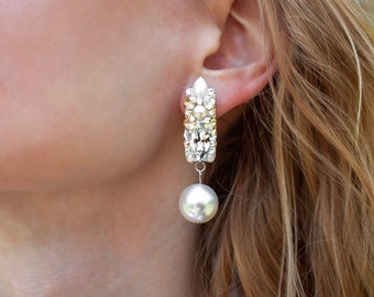 Bridal Drop Earrings with Swarovski Crystal Rhinestone, White Zirconia Chandelier Dangle Earring, Unique Handmade Beaded Jewelry for Wedding