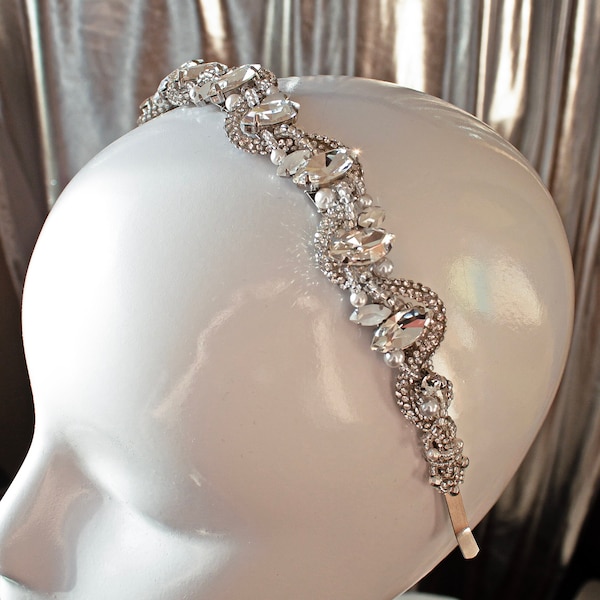 Bridal Pearl Rhinestone Headband, Embellished Headpiece with Pearls and Swarovski Crystals for Wedding, Crystal Clear Rhinestone Hair Piece