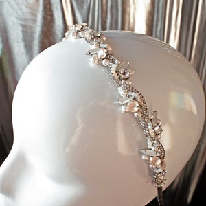 Bridal Pearl Thin Headband, Embellished Headpiece with Pearls and Swarovski Crystals for Wedding, Ivory Cream Rhinestone Hair Piece