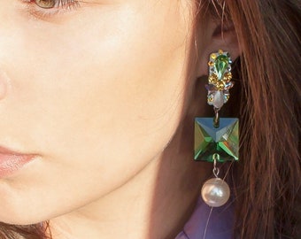 Statement Green Dangle Stud Earrings with Swarovski Crystal Rhinestones, Chandelier Drop Earrings with Pearls, Unique Gift Earrings for Her