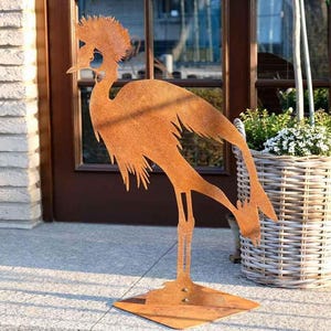 Illumino Tuindecoratie Vogel Kraanvogel Reiger met voetplaat - Levensgroot Natuurlijk Roestkleurig Metalen Beeld voor Tuinvijver Bloembed