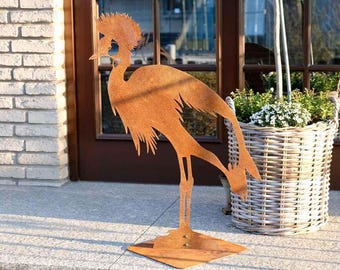 Illumino Gartendeko Vogel Kranich-Reiher mit Bodenplatte - Lebensgroß Naturrost Aufstellfigur Skulptur Metall für Garten Teich Beet