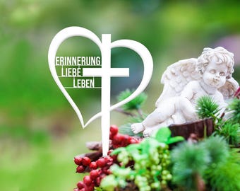 Grabschmuck  Grabstecker mit Kreuz Metall weiß pulverbeschichtet Friedhof Grabdeko Trauer Spruch HERZ "Erinnerung, Liebe, Leben"