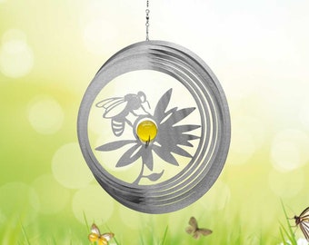 Illumino Edelstahl Windspiel Wind Spinner Kreis Biene mit 35mm Glaskugel für Garten Wohnung Gartendeko Wohn Fenster Metall Deko