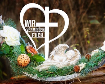 Grabstecker Grabschmuck mit Kreuz Metall weiß pulverbeschichtet Friedhof Grabdeko Trauer Spruch "Wir vermissen euch"