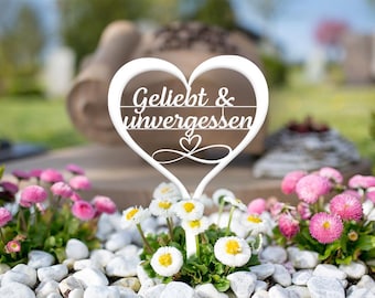 Grabstecker Grabschmuck Metall weiß pulverbeschichtet Friedhof Grabdeko Trauer Spruch HERZ "Geliebt & unvergessen"