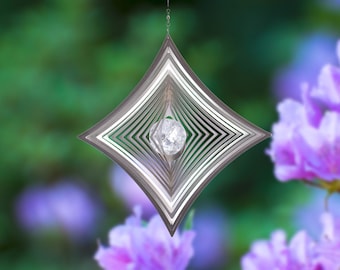 Illumino Edelstahl Windspiel Wind Spinner Quadrat h. Konkav mit 50mm Glaskugel für Garten Wohnung Gartendeko Wohn Fenster Metall Deko