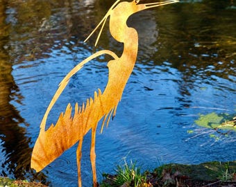 Illumino Gartenstecker Reiher - Lebensgroß Naturrost Vogel Deko, Gartendeko Dekostecker Metall für Garten Teich Beet