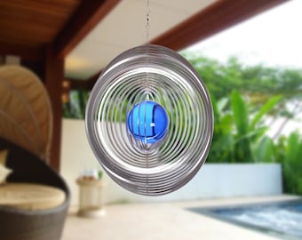 Illumino Windspiel Edelstahl Wind Spinner Kreis XL mit 70mm Glaskugel für Garten Wohnung Gartendeko Wohn Fenster Metall Deko