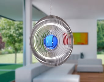 Illumino Edelstahl Windspiel Wind Spinner Kreis mit 50mm Glaskugel für Garten Wohnung Gartendeko Wohn Fenster Metall Deko