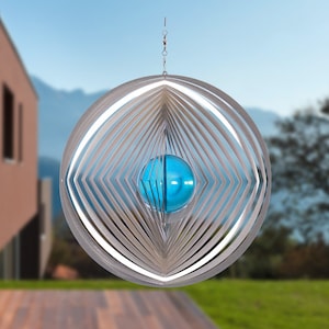 Illumino windgong van roestvrij staal, cirkel-ruit-cirkel met 35 mm glazen bol voor tuinappartement, tuindecoratie, woonkamer, raamdecoratie, metalen decoratie