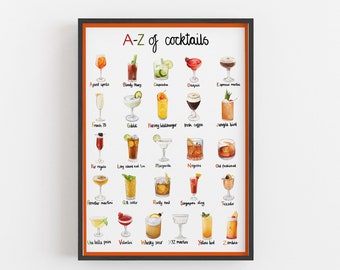 Cocktail alphabet art print poster. Perfect the kitchen or dining room. Sizes A3.