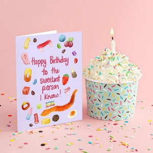 Happy birthday to the sweetest person I know sweet/candy themed A6 greeting card blank inside recyclable packaging image 2