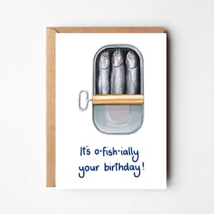 Es O-Fish-ially tu cumpleaños / Tarjeta de felicitación de cumpleaños con temática de sardinas divertidas / pescado enlatado