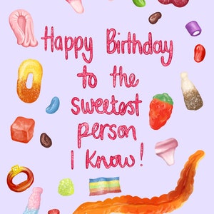 Happy birthday to the sweetest person I know sweet/candy themed A6 greeting card blank inside recyclable packaging image 4