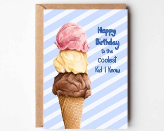 Happy Birthday To The Coolest Kid - Ice Cream Cone Lolly Food Striped Children's Kid's Birthday Summer Card