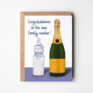 Nieuwe babykaart: champagne/prosecco en melkfles A6-wenskaart met bruine kraft-envelop. Babyshower