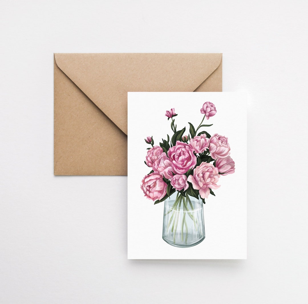 Pink Peony Flower Greeting Card for Her Cards for Her Floral Bouquet ...