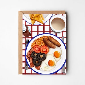 Fry up/volles englisches Frühstück A6 Grußkarte | Brunch | Ei | Gebackene Bohnen | Tee | Karte für Ihn