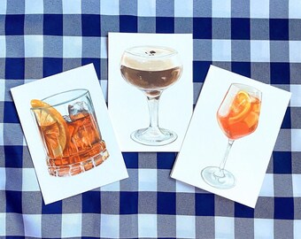 A6 mini cocktail art postcard trio | Negroni | Espresso martini | Aperol spritz | Gift for her | Alcohol