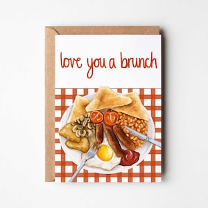 Te amo una tarjeta de felicitación de brunch / Aniversario / San Valentín / desayuno / inglés completo / huevos / croquetas de patata / San Valentín divertido / salchicha