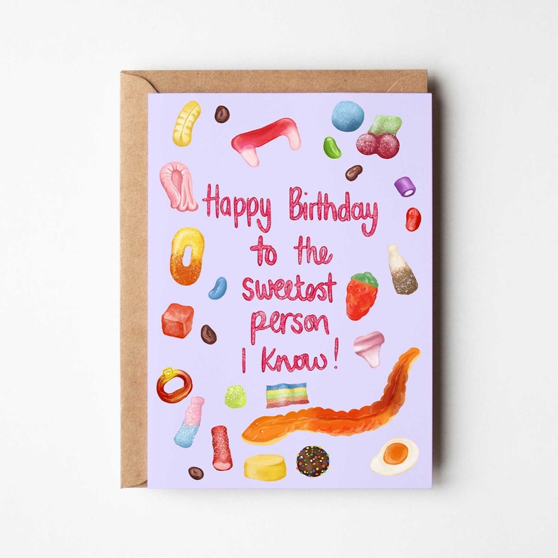 Happy birthday to the sweetest person I know sweet/candy themed A6 greeting card blank inside recyclable packaging image 1