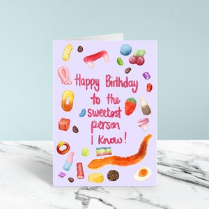 Happy birthday to the sweetest person I know sweet/candy themed A6 greeting card blank inside recyclable packaging image 5