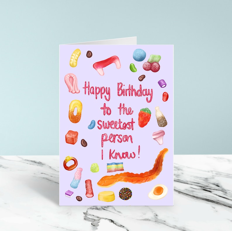 Happy birthday to the sweetest person I know sweet/candy themed A6 greeting card blank inside recyclable packaging image 5