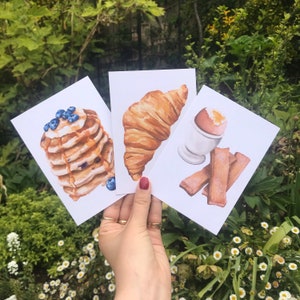 Trio di cartoline per la colazione / Arte culinaria / Croissant / Pancake / Uovo / Arte della cucina / Mirtilli / Mini arte