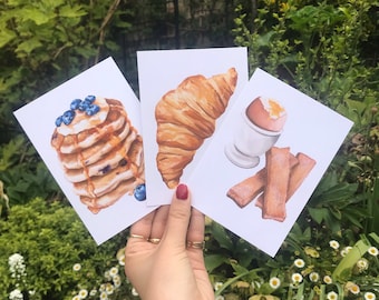 Breakfast postcard trio | Food art | Croissant | Pancakes | egg | Kitchen art | blueberries | mini art