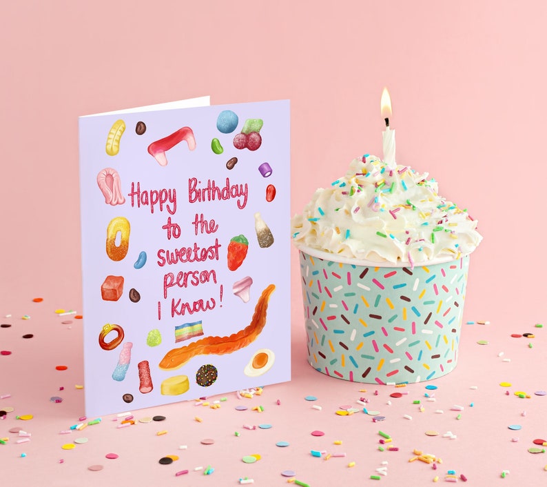 Happy birthday to the sweetest person I know sweet/candy themed A6 greeting card blank inside recyclable packaging image 2