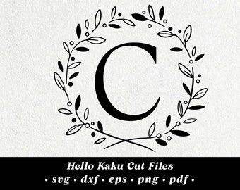 Lettera C- Personalizzato Una lettera Cornice svg, Corona SVG, Corona Frondosa SVG, Monogramma Cornice SVG, Cornice Floreale, Corona d'Alloro Clipart