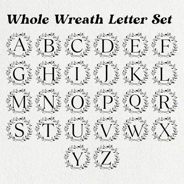 Whole Set- Laurel Wreath Svg, Laurel Letters Svg, Wreath Alphabet Svg, Cricut Wreath Svg, Monogram Alphabet, Initial Monogram Svg, Clipart