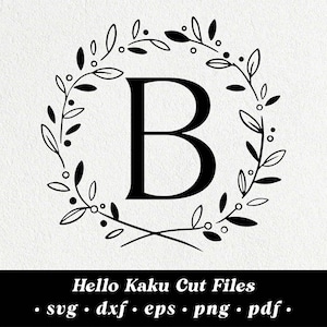 May include: Black and white monogram initial "B" surrounded by a wreath of leaves and berries.
