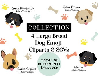 Dog Clipart, Dog SGV Bundle, 4 Large Dog Breed Set | Sublimation Design- German Shepherd, Rottweiler, Golden Retriever, Bernese Mountain Dog
