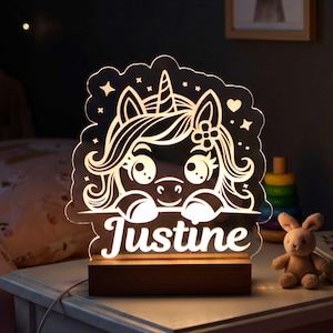 Personalized night light for children or babies with name, made of wood and acrylic, choice of design: unicorn, dinosaur, rainbow, football