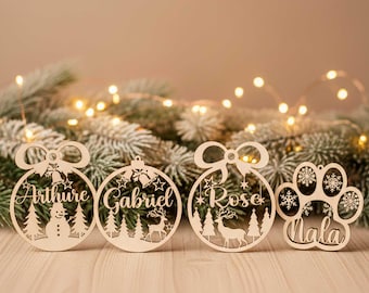 Décoration de Noël personnalisée en bois avec prénom pour sapin. Premier Noël, animaux, cadeau Secret Santa