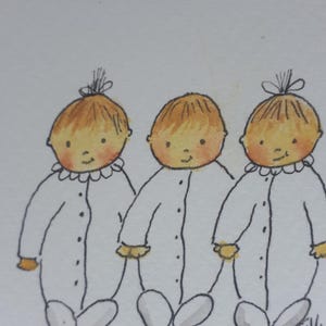 Babydrieling jongens/meisjes in babypakjes: handgetekende pen en inkt, handgeschilderde aquarel.  GRATIS VERZENDKOSTEN EN PERSONALISATIE