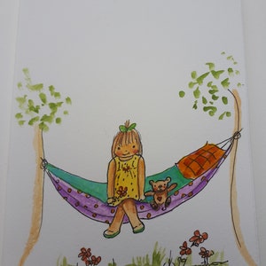 Feestvarken in hangmat met teddybeer. Handgetekende pen en inkt, handgeschilderd aquarel GRATIS VERZENDING & personalisatie