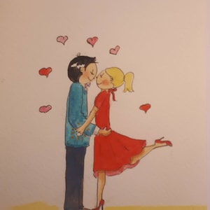Verlovingsaankondiging (meisje in rode jurk) Handgetekende pen en. handgeschilderde aquarel. GRATIS VERZENDKOSTEN EN PERSONALISATIE