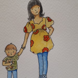 Mãe grávida com menino e Teddy Caneta e tinta desenhadas à mão Aquarela pintada à mão POSTAGEM GRATUITA e PERSONALIZAÇÃO