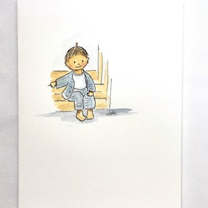 Kleine 2e/3e jarige op trap, met de hand getekende kaart, pen en inkt en vervolgens handbeschilderd in aquarel GRATIS VERZENDING EN PERSONALISATIE