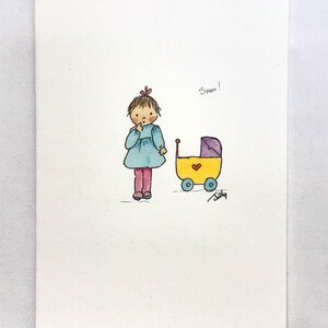 2e/3e anniversaire de petite fille avec landau de poupée.Stylo et encre dessinés à la main.Aquarelle peinte à la main. FRAIS DE PORT GRATUITS ET PERSONNALISATION