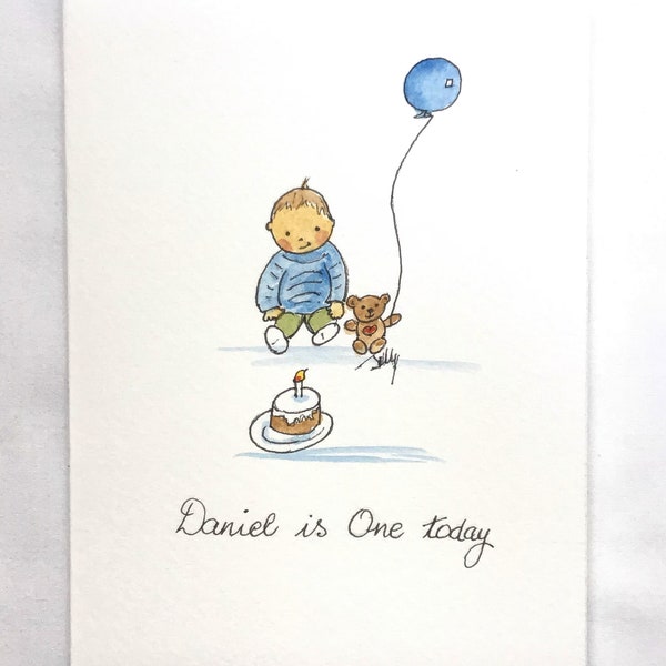 Little Boy with 1st Birthday Cake Teddy and Balloon Handrawn Penand ink Handpainted Watercolour FREE POSTAGE & PERSONALISATION