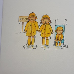 Ein grauer Tag im Zoo. Gemischte Geschwister. Handgezeichnete Feder und Tinte, handgemalte Aquarellfarbe KOSTENLOSES PORTO & PERSONALISIERUNG