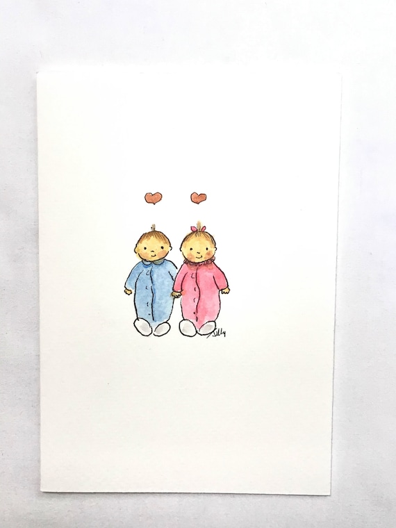 Twins Side By Side Baby Boy And Girl Handrawn Pen And Ink Etsy