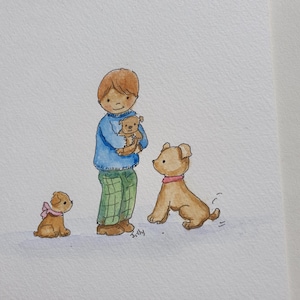 3e/4e/5e anniversaire de naissance d'un petit garçon avec des chiots. Stylo et encre peints à la main Aquarelle PERSONNALISATION ET FRAIS DE PORT GRATUITS