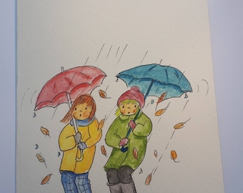 Girls with Umbrellas against the wind 7th/8th Birthday. Hand drawn Pen and Ink. Hand painted Watercolour. FREE POSTAGE & PERSONALISATION.