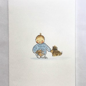 Kleine jongen met teddybeer en hond. Handgetekende pen en inkt, vervolgens handbeschilderd met aquarel GRATIS VERZENDING EN PERSONALISATIE